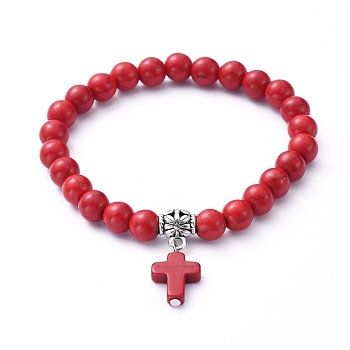 Stretch Charm Bracelets, with Synthetic Turquoise(Dyed) Beads, Tibetan Style Alloy Tube Bails, Cross, FireBrick, Inner Diameter: 2-1/8 inch(5.4cm)