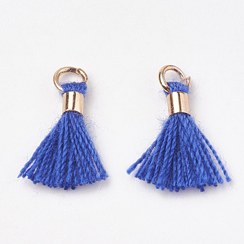 Polycotton(Polyester Cotton) Tassel Pendant Decorations, Mini Tassel, with Brass Findings, Light Gold, Blue, 10~15x3~4mm, Hole: 2mm