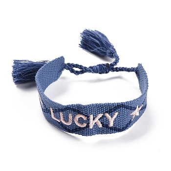 Word Lucky Polycotton(Polyester Cotton) Braided Bracelet with Tassel Charm, Flat Adjustable Wide Wristband for Couple, Marine Blue, Inner Diameter: 2~3-1/8 inch(5~8cm)