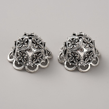 Tibetan Style Alloy Bead Caps, Hollow Flower, Antique Silver, 26.5x16mm, Hole: 2.2mm