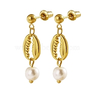 304 Stainless Steel Dangle Stud Earrings, Natural Pearl Beaded Earrings, Shell Shaped, Real 18K Gold Plated, 32x8mm(TL6652-1)