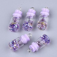 Glass Bottle Pendant Decorations, with Resin Rhinestone & Stopper, Dried Flower and Iron Findings, Platinum, Lilac, 26~27x9.5~10mm, Hole: 1.8mm(X-GLAA-S181-05D)