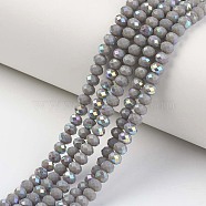 Electroplate Opaque Solid Color Glass Beads Strands, Half Rainbow Plated, Faceted, Rondelle, Gray, 6x5mm, Hole: 1mm, about 83~85pcs/strand, 38~39cm(EGLA-A034-P6mm-L13)