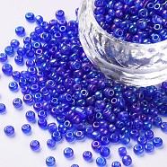 8/0 Round Glass Seed Beads, Transparent Colours Rainbow, Round Hole, Blue, 8/0, 3mm, Hole: 1mm, about 10000pcs/pound(SEED-US0003-3mm-168)