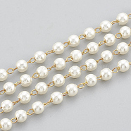 Handmade ABS Plastic Imitation Pearl Beaded Chains, Soldered, with Spool, with Brass Findings, Round, Nickel Free, Real 18K Gold Plated, White, 3mm, about 20m/Roll(CHC-N015-10)