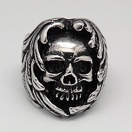 Unique Retro Halloween Jewelry Skull Rings for Men, 304 Stainless Steel Wide Rings, Antique Silver, 17~23mm(RJEW-F006-187)