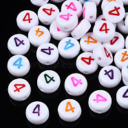 White Opaque Acrylic Beads, Flat Round with Mixed Color Number, Num.4, 7x3.5mm, Hole: 1.2mm, about 3800pcs/500g(MACR-T038-18-4)
