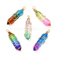 Glass Pendants, with Glass Double Terminated Point Beads and Real 18K Gold Plated Brass Findings, Bullet, Mixed Color, 37~39x10.5x9.5mm, Hole: 2~3mm(PALLOY-JF00954)