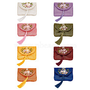 HOBBIESAY 8Pcs 8 Colors Embroidery Cloth Zip Pouches, with Tassels and Stainless Steel Snap Button, Rectangle with Flower Pattern, Mixed Color, 12x8.5x1cm, 1pc/color(ABAG-HY0001-04)