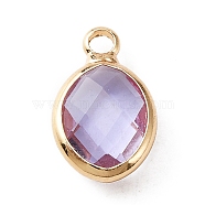 Faceted Glass Pendants, June Birthstone Charms, with Brass Cabochon Settings, Oval, Golden, Lilac, 13x8x4mm, Hole: 1.6mm(KK-WH0046-59G-06)