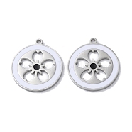 304 Stainless Steel Pendants, with Enamel, Flat Round with Sakura Charm, Stainless Steel Color, 22x20x1.5mm, Hole: 1.6mm(STAS-C083-13P-02)