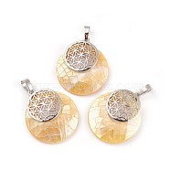 Shell Pendants, Spiritual Charms, with Platinum Tone Brass Findings, Flat Round with Flower of Life/Sacred Geometry, 32~32.5x28x7~7.5mm, Hole: 5x8mm(KK-F751-M-B01)