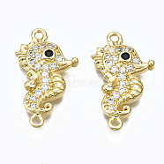 Brass Micro Pave Cubic Zirconia Links Connectors, Nickel Free, Real 16K Gold Plated, Sea Horse, Clear, 23.5x13x3mm, Hole: 1.4mm(ZIRC-N039-114B-NF)