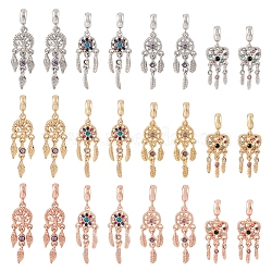Pandahall 24Pcs 12 Styles Rack Plating Alloy European Dangle Charms, with Colorful Rhinestone, Large Hole Pendants, Cadmium Free & Nickel Free & Lead Free, Woven Net/Web with Feather, Mixed Color, 43~36.5mm, Hole: 4~5mm, 2pcs/style(MPDL-TA0001-04)