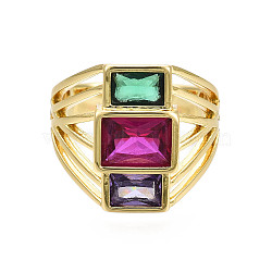 Colorful Cubic Zirconia Triple Rectangle Open Cuff Ring, Brass Chunky Wide Ring for Women, Nickel Free, Real 18K Gold Plated, US Size 7 3/4(17.9mm)(X-RJEW-N037-013-02LG)