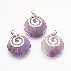 Natural Amethyst Pendants, with Platinum Tone Brass Findings, Flat Round, 32x28x6mm, Hole: 4x5mm(KK-F751-D04)