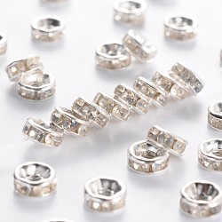 Iron Rhinestone Spacer Beads, Grade B, Straight Edge, Rondelle, Silver Color Plated, Clear, Size: about 6mm in diameter, 3mm thick, Hole: 1.5mm(X-RB-A009-6MM-S)