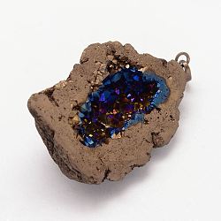 Electroplated Natural Geode Druzy Agate Big Pendants, with Brass Findings, Nuggets, Two Tone, Coconut Brown, 45~70x21~50x21~28mm, Hole: 4x8mm(G-K174-05B)