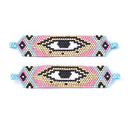 Handmade Seed Beads Links Connectors, with Elastic Thread, Loom Pattern, Rectangle with Evil Eye, Hot Pink, 17.5x85~86x1.5~3.5mm, Hole: 2.5mm(SEED-I012-21B)