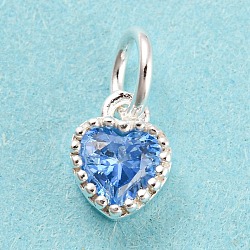 925 Sterling Silver Birthstone Charms, with Single Cubic Zirconia, Faceted Heart, Silver, Cornflower Blue, 7x5x3mm, Hole: 3mm(STER-G035-01E-03)