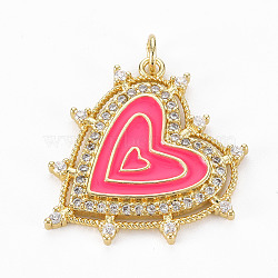 Brass Micro Pave Clear Cubic Zirconia Pendants, with Enamel and Jump Ring, Real 16K Gold Plated, Heart, Nickel Free, Deep Pink, 26x24x2.5mm, Jump Ring: 5x1mm, 3mm inner diameter(KK-N227-79H-NF)