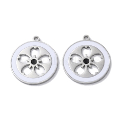 304 Stainless Steel Pendants, with Enamel, Flat Round with Sakura Charm, Stainless Steel Color, 22x20x1.5mm, Hole: 1.6mm(STAS-C083-13P-02)