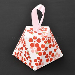Diamond Shape Romantic Wedding Candy Box, Flower Pattern with Ribbon, Pink, Finished Product: 8.1x8.1x6cm(CON-L025-C01)
