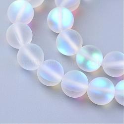 Synthetic Moonstone Beads Strands, Holographic Beads, Dyed, Frosted, Round, Clear, 8mm, Hole: 1mm, about 45~47pcs/strand, 14~15 inch(G-R375-8mm-A13)