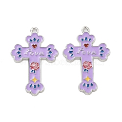 Rack Plating Alloy Enamel Pendants, Platinum, Cross with Word Love & Rose Charm, Lilac, 33x22x2mm, Hole: 2mm(FIND-Z054-17P-01)