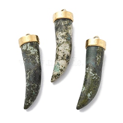 Natural Unakite Horn Pendants, PVD Vacuum Plating 304 Stainless Steel Charms, Real 18K Gold Plated, 35x8x9.5mm, Hole: 1.6mm(STAS-R130-03G-02)