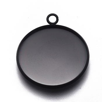 304 Stainless Steel Pendant Cabochon Settings, Plain Edge Bezel Cups, Flat Round, Electrophoresis Black, Tray: 22mm, 27.5x23.8x2mm, Hole: 2.2mm