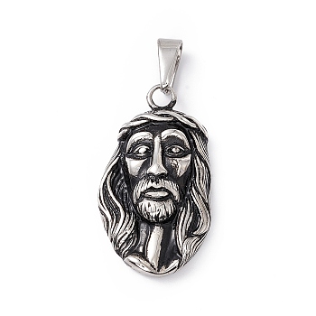 304 Stainless Steel Pendants, Man Head Charms, Antique Silver, 39x22x7mm, Hole: 4.5x9mm