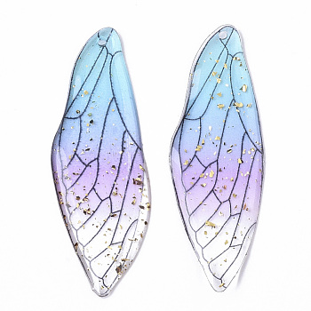 Transparent Epoxy Resin Big Pendants, with Gold Foil, Insects Wing, Light Sky Blue, 51x16.5x1~2.5mm, Hole: 1.2mm