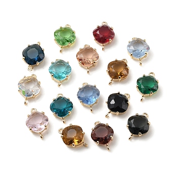 Brass K9 Glass Connector Charms, Light Gold Tone Rhombus Links, Mixed Color, 16x11x6mm, Hole: 1.2mm