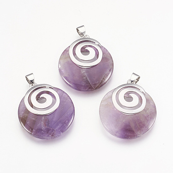 Natural Amethyst Pendants, with Platinum Tone Brass Findings, Flat Round, 32x28x6mm, Hole: 4x5mm