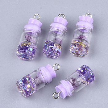 Glass Bottle Pendant Decorations, with Resin Rhinestone & Stopper, Dried Flower and Iron Findings, Platinum, Lilac, 26~27x9.5~10mm, Hole: 1.8mm