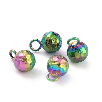 Ion Plating(IP) 304 Stainless Steel Charms, Round, Textured, Rainbow Color, 7.8x5mm, Hole: 1.8mm