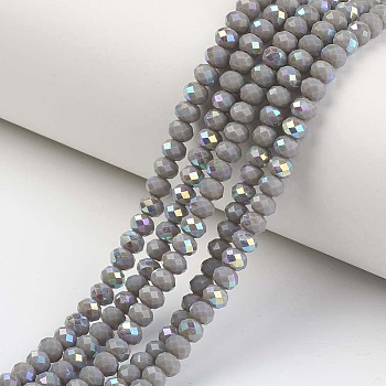 Electroplate Opaque Solid Color Glass Beads Strands, Half Rainbow Plated, Faceted, Rondelle, Gray, 6x5mm, Hole: 1mm, about 83~85pcs/strand, 38~39cm