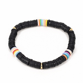 Handmade Polymer Clay Heishi Beads Stretch Bracelets, with Brass Spacer Beads, Black, Inner Diameter: 2-1/2 inch(6.3cm)