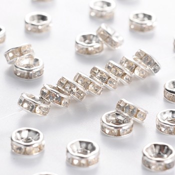 Iron Rhinestone Spacer Beads, Grade B, Straight Edge, Rondelle, Silver Color Plated, Clear, Size: about 6mm in diameter, 3mm thick, Hole: 1.5mm