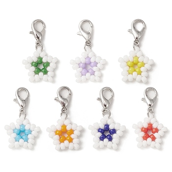 Star Glass Seed Beads Pendants, with Zinc Alloy Lobster Claw Clasps, Mixed Color, 28~29mm, 7pcs/set