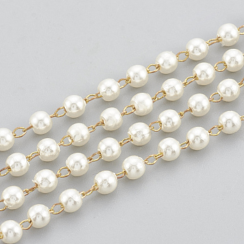 Handmade ABS Plastic Imitation Pearl Beaded Chains, Soldered, with Spool, with Brass Findings, Round, Nickel Free, Real 18K Gold Plated, White, 3mm, about 20m/Roll