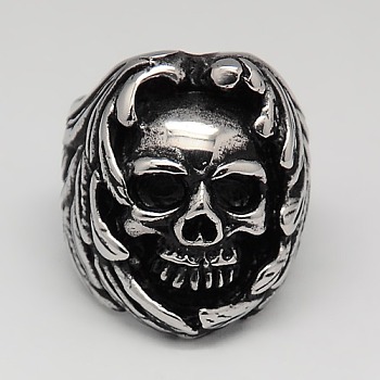 Unique Retro Halloween Jewelry Skull Rings for Men, 304 Stainless Steel Wide Rings, Antique Silver, 17~23mm