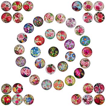 2 Sets 2 Styles Glass Cabochons, Half Round with Flower Pattern, Mixed Color, 25x7.5mm, 20 and 30pcs/set, 1 set/style
