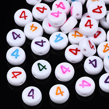 White Opaque Acrylic Beads, Flat Round with Mixed Color Number, Num.4, 7x3.5mm, Hole: 1.2mm, about 3800pcs/500g