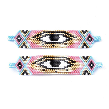 Handmade Seed Beads Links Connectors, with Elastic Thread, Loom Pattern, Rectangle with Evil Eye, Hot Pink, 17.5x85~86x1.5~3.5mm, Hole: 2.5mm