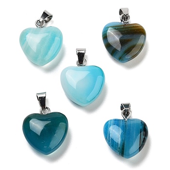 Natural Banded Agate Charms, with Silver Tone Metal Findings, Heart, Dyed, 16x6mm