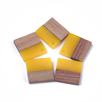 Resin & Walnut Wood Pendants, Rhombus, Gold, 24x24x3~4mm, Hole: 2mm