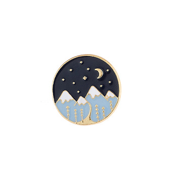 Alloy Enamel Pins, Brooch for Backpack Clothes, Flat Round with Mountain, Light Blue, 24mm