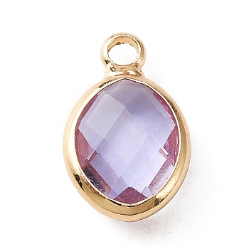 Faceted Glass Pendants, June Birthstone Charms, with Brass Cabochon Settings, Oval, Golden, Lilac, 13x8x4mm, Hole: 1.6mm